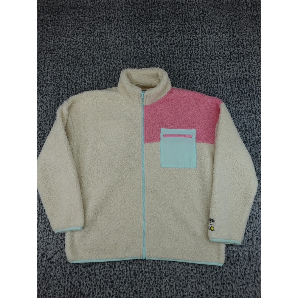By Samii Ryan Sherpa Fleece Jacket Unisex Large Cream Pink Colorblock Smiley